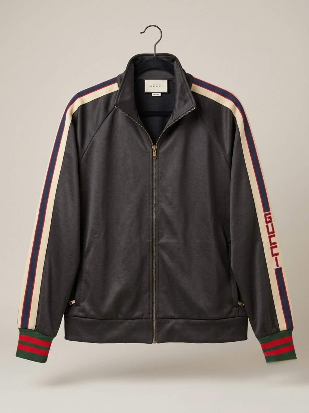 Gucci Black Bomber Jacket with Cream and Navy Stripe Sleeves